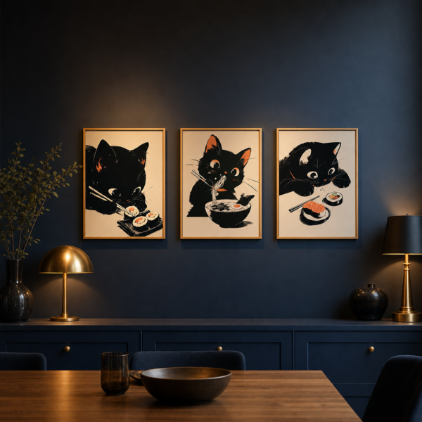 Affiche chat noir mignonne sur mur bleu nuit