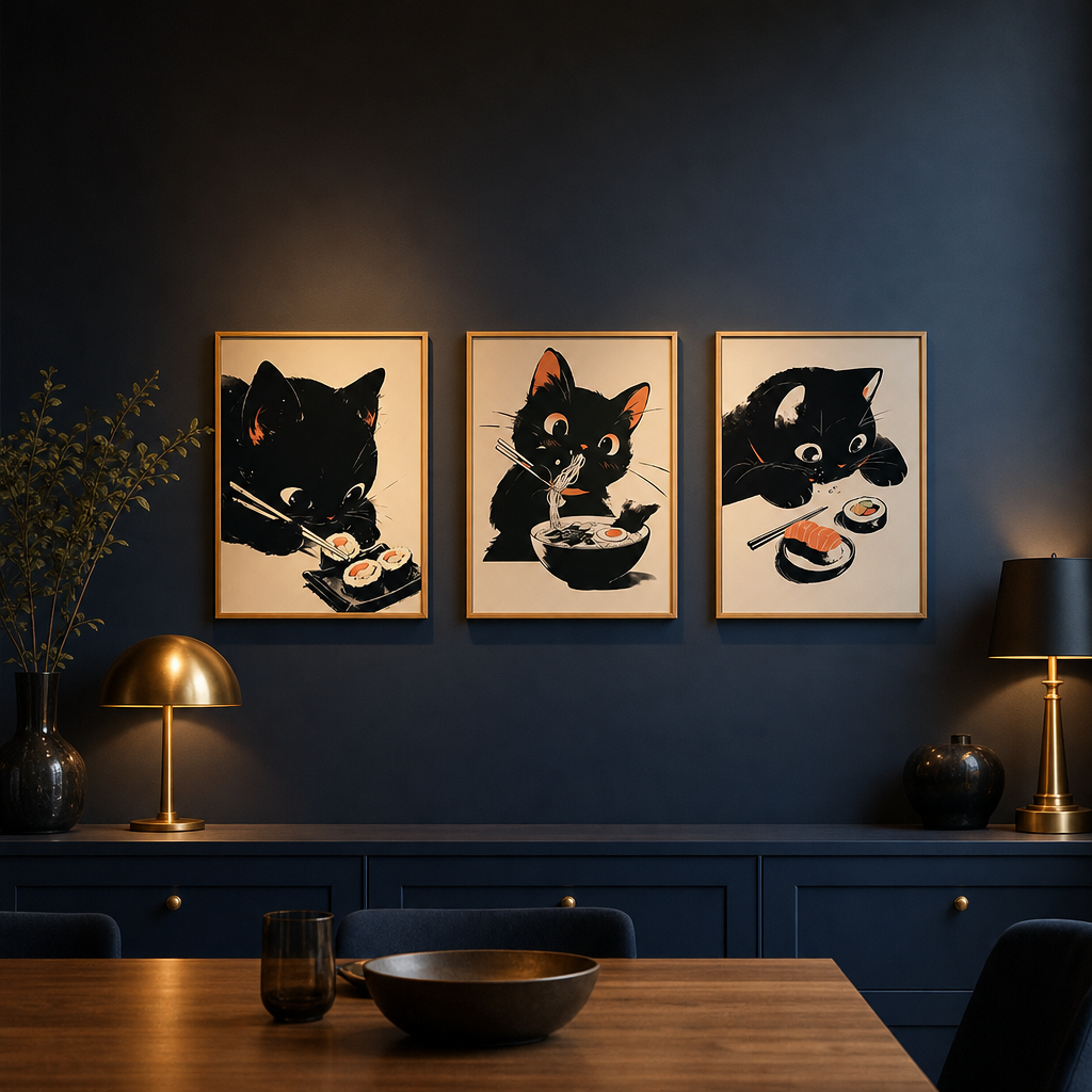 Affiche chat noir mignonne sur mur bleu nuit