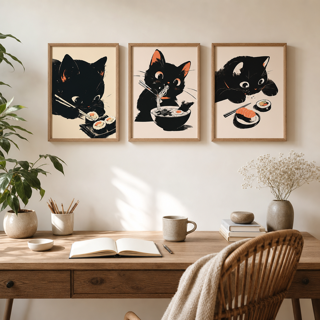 Affiche chat noir mignonne encadree sur un mur