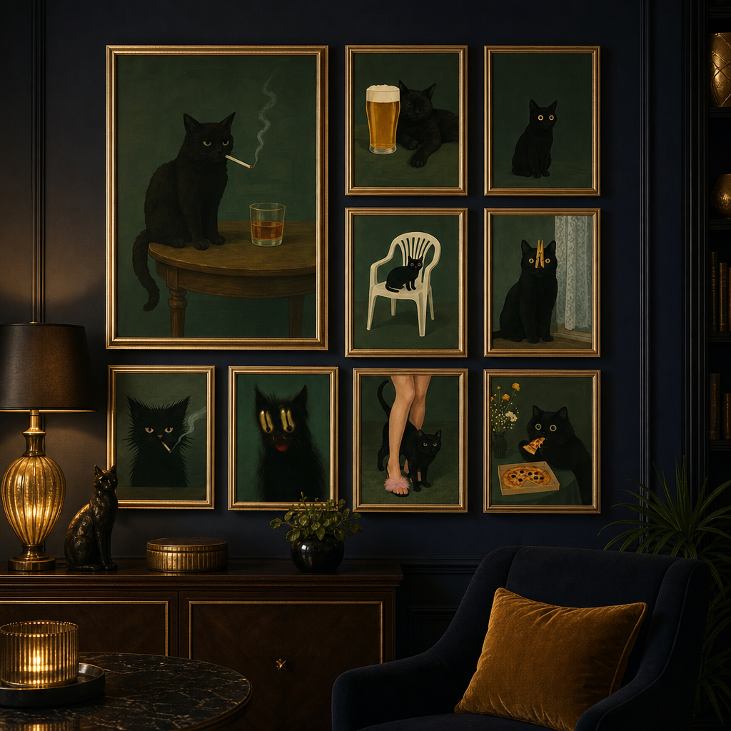 Affiche chat noir retro sur mur bleu nuit