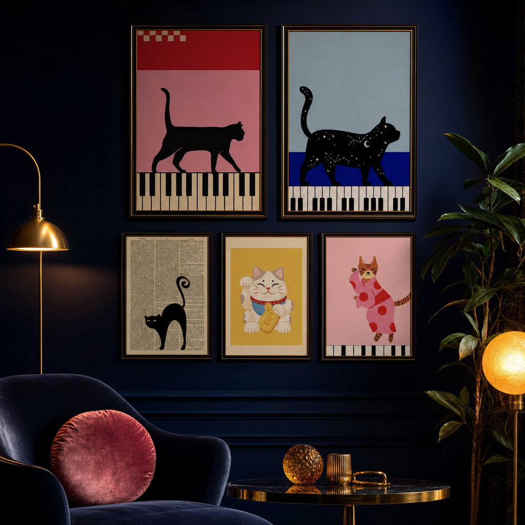 Affiches chat noir sur un mur bleu nuit