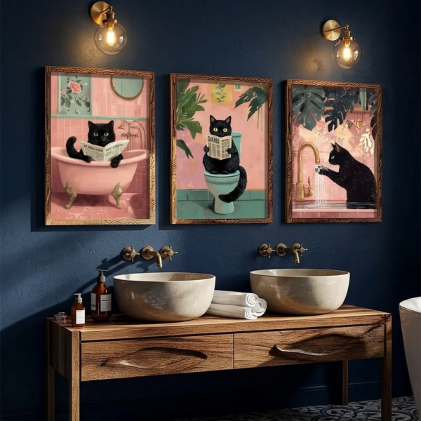 Affiches chat noir dans une salle de bain elegante