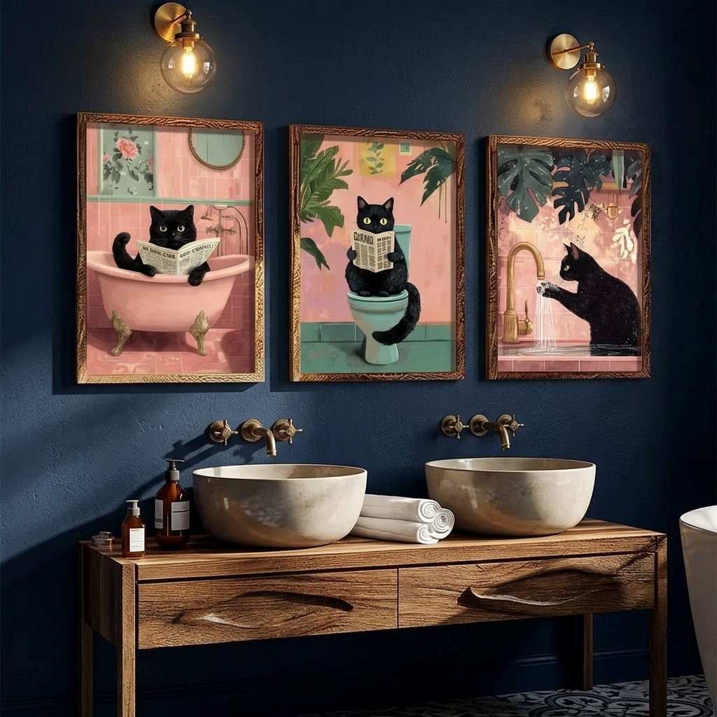 Affiches chat noir dans une salle de bain elegante