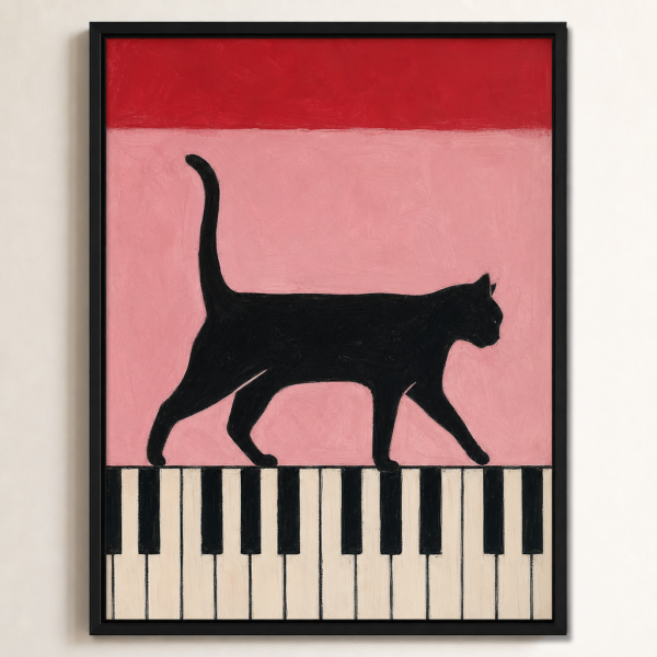 Affiche chat noir au piano, gros plan