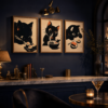 Affiches chat noir sur mur bleu nuit