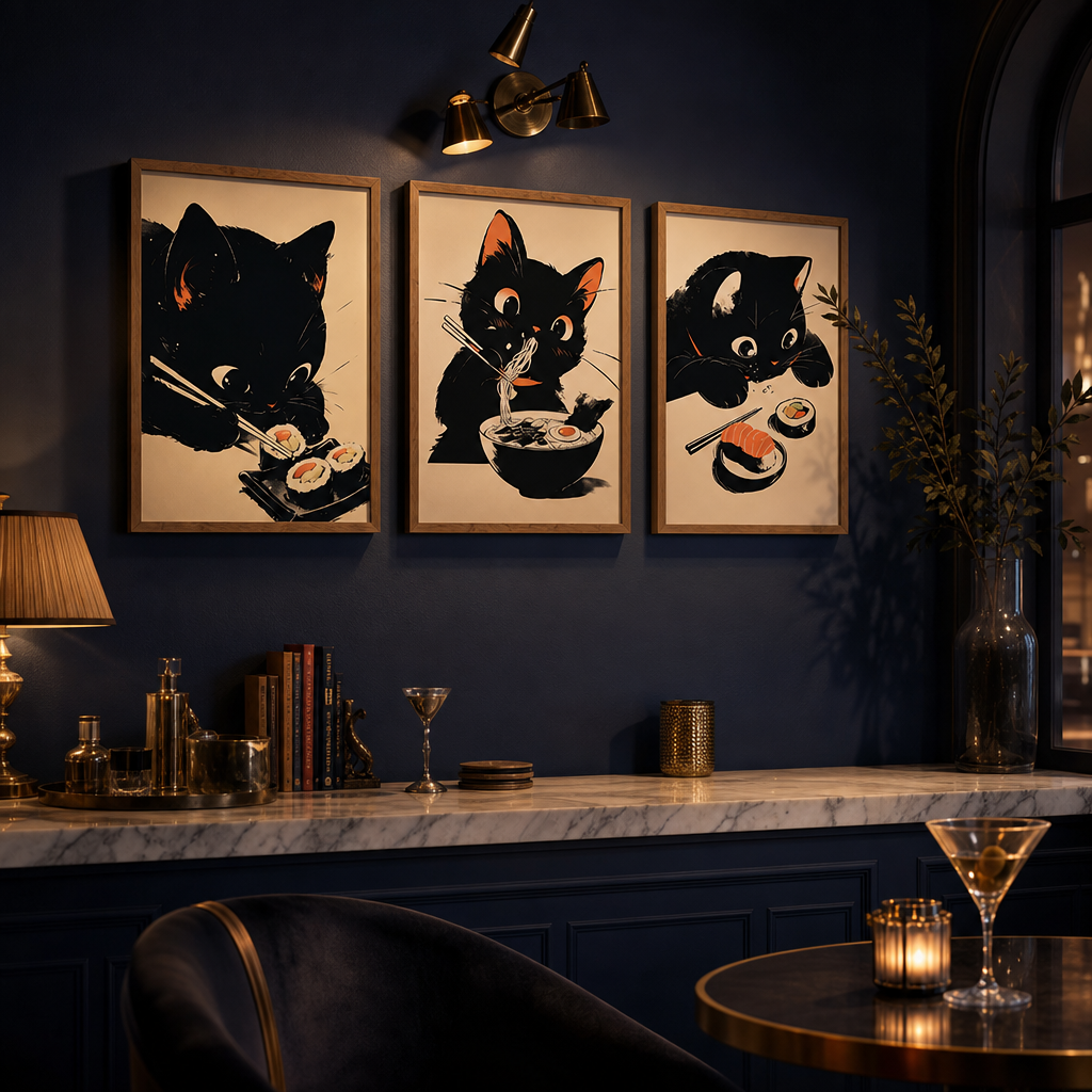 Affiches chat noir sur mur bleu nuit