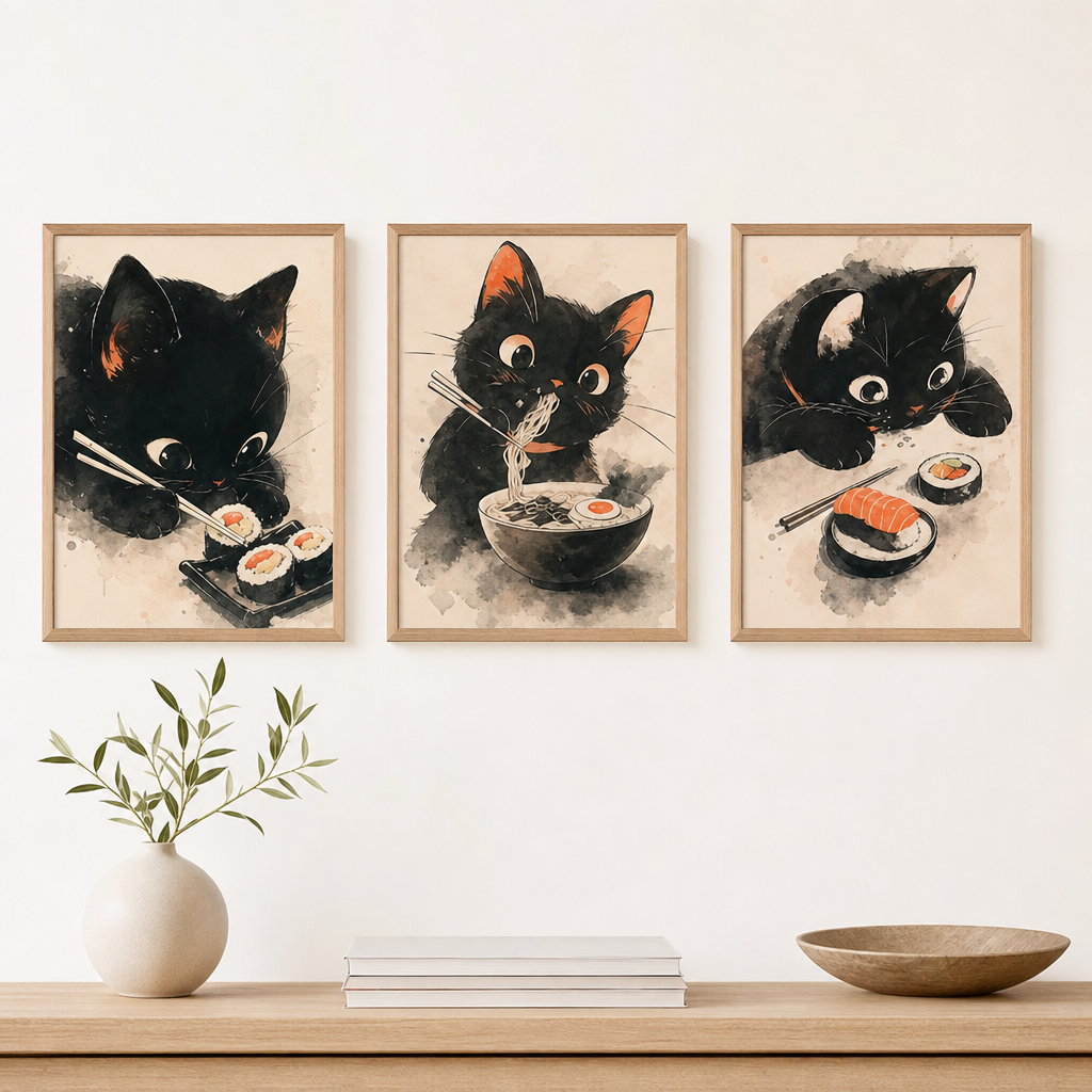 Lot de 3 affiches chat noir illustrees