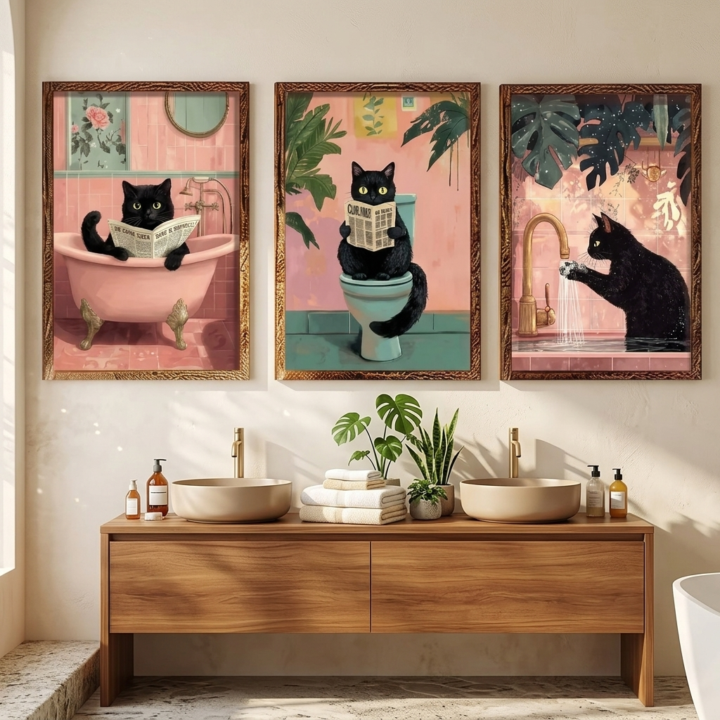 Affiches chat noir accrochees au-dessus d un lavabo