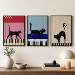 Lot de 3 affiches chat noir au piano