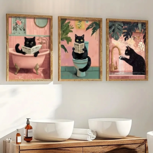 Lot de 3 affiches chat noir salle de bain