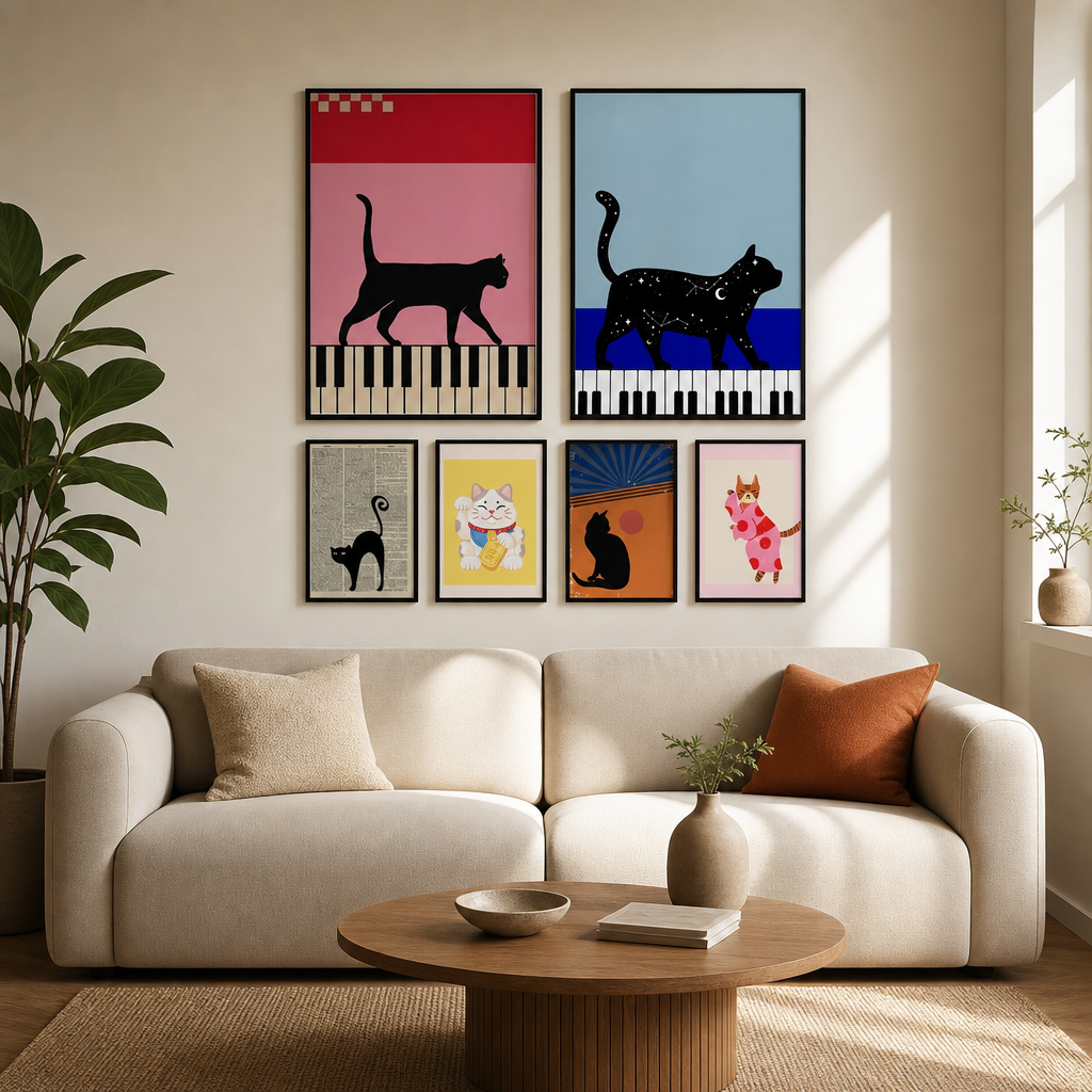 Affiches chat noir accrochees dans un salon