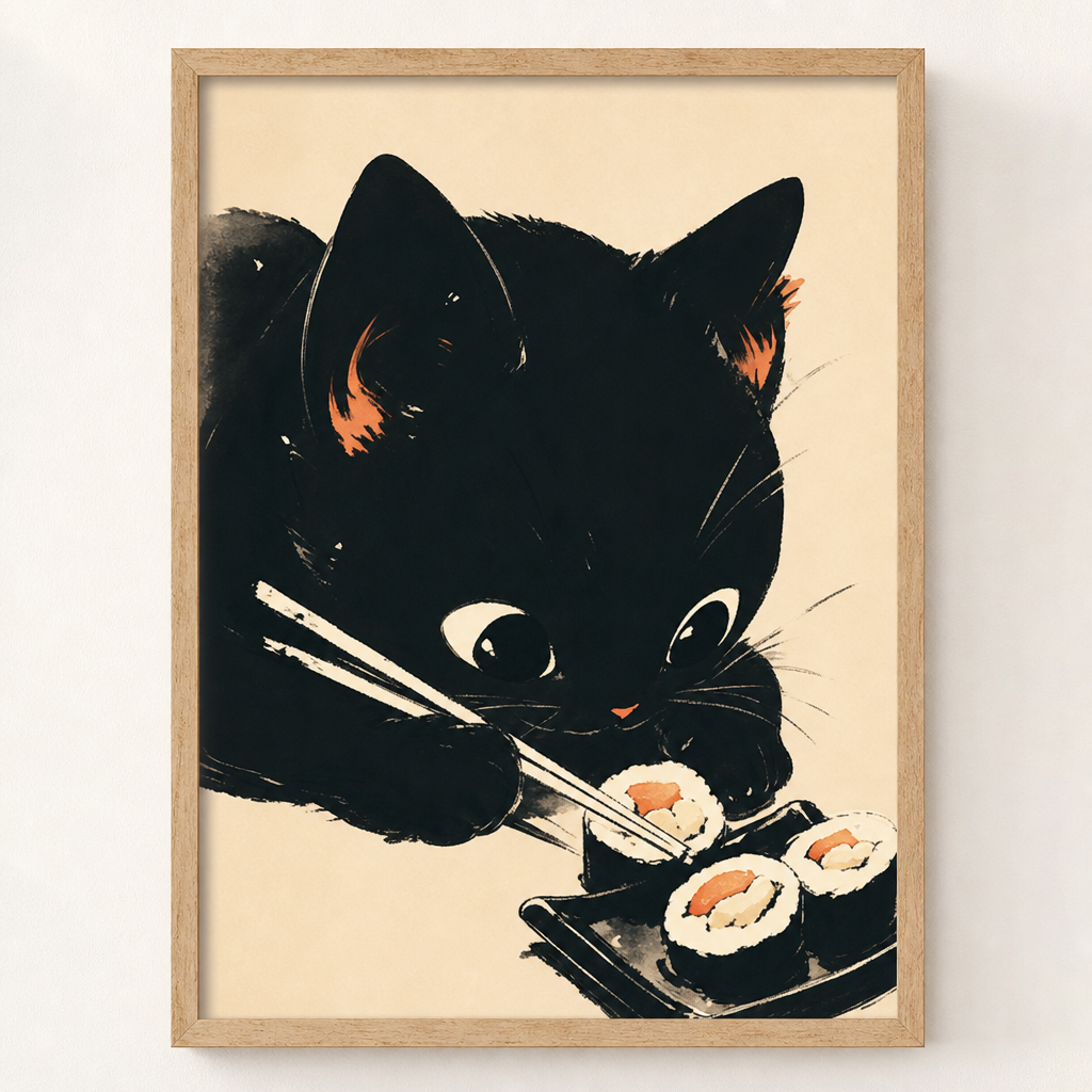 Affiche chat noir gourmand, gros plan