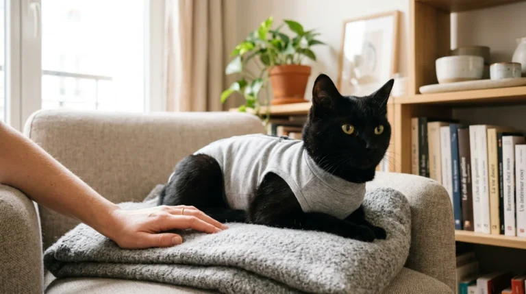 Chat noir en convalescence portant un body médical dans un salon lumineux