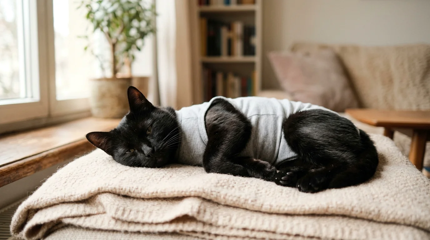 Chat noir portant un body médical de convalescence sur une couverture