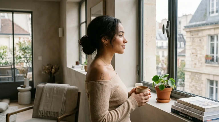 Femme avec un tatouage de chat sur l'épaule près d'une fenêtre