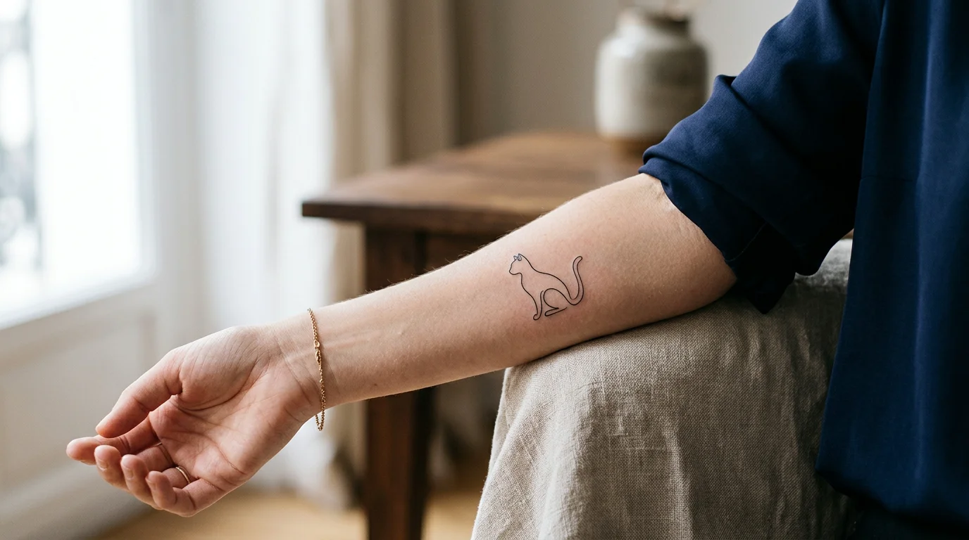 Tatouage de chat minimaliste en fine line sur un avant-bras
