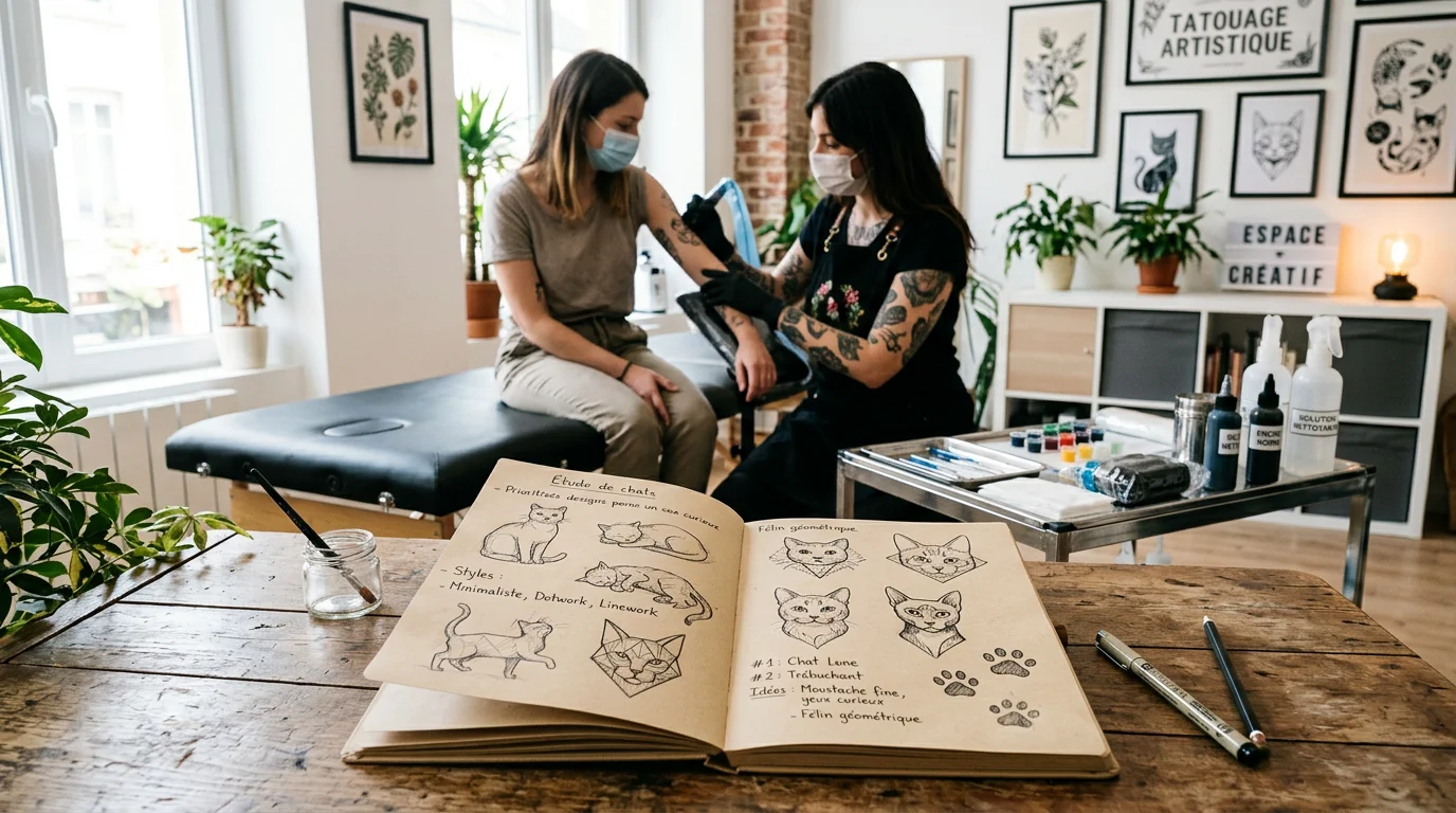 Carnet de croquis de chats dans un studio de tatouage