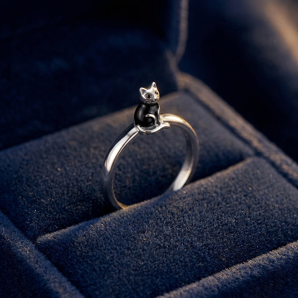 Bague chat noir dans un ecrin bleu nuit