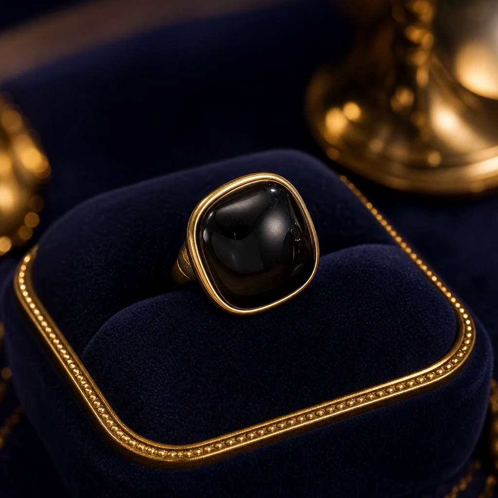 Bague chat noir pierre carree sur ecrin bleu nuit
