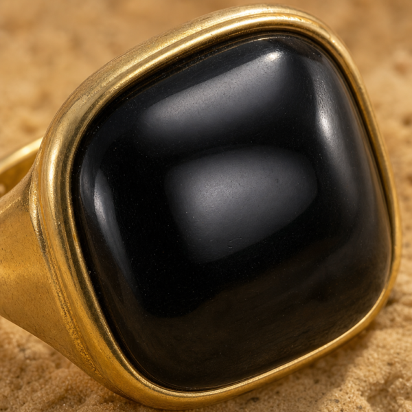 Gros plan sur la pierre carree de la bague chat noir