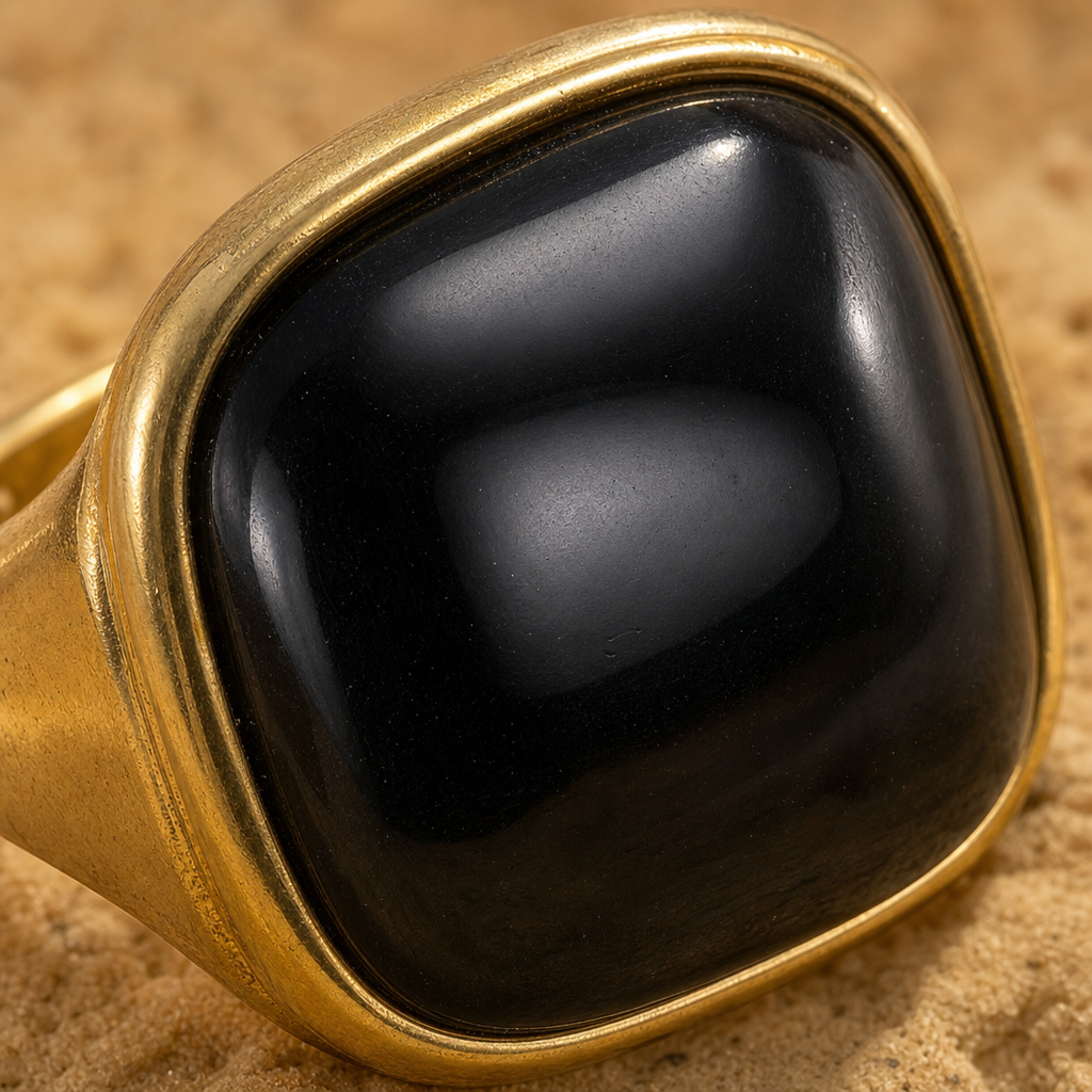 Gros plan sur la pierre carree de la bague chat noir