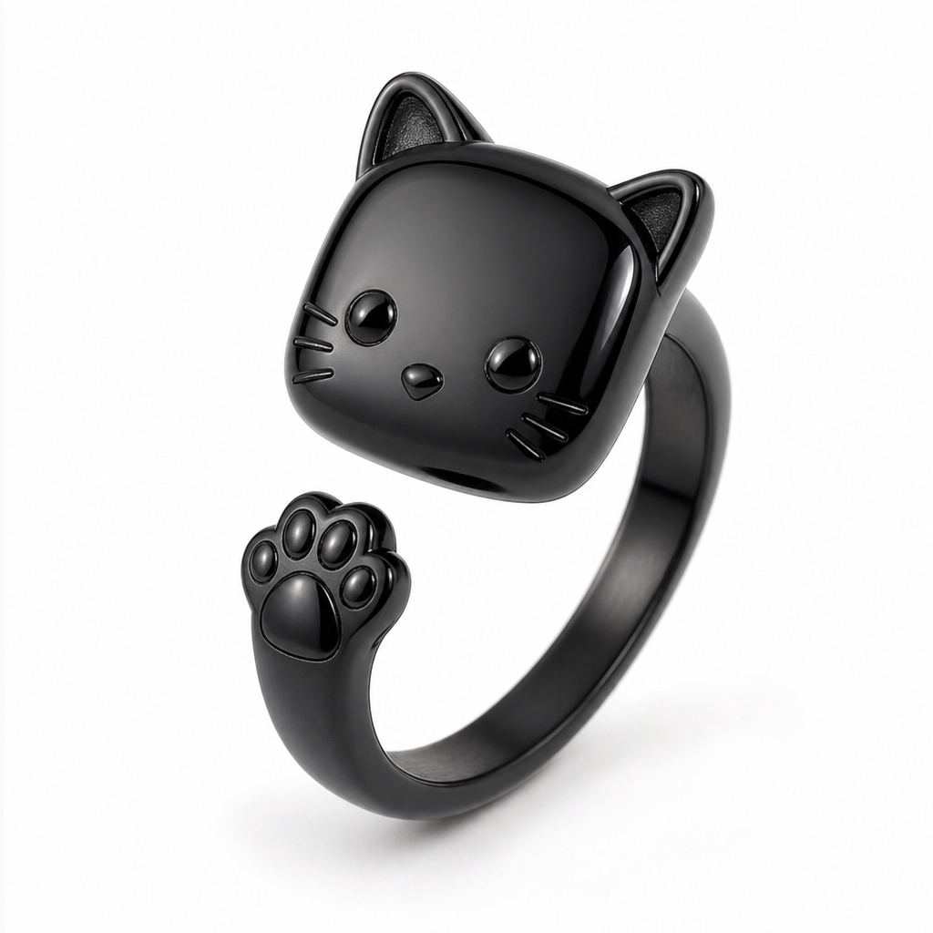 Bague chat noir pierre carree, fond blanc