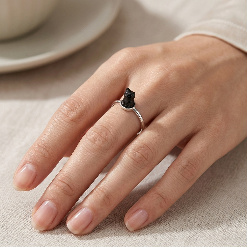 Bague chat noir portee a la main