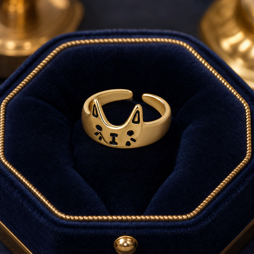 Bague chat noir vintage sur ecrin bleu nuit