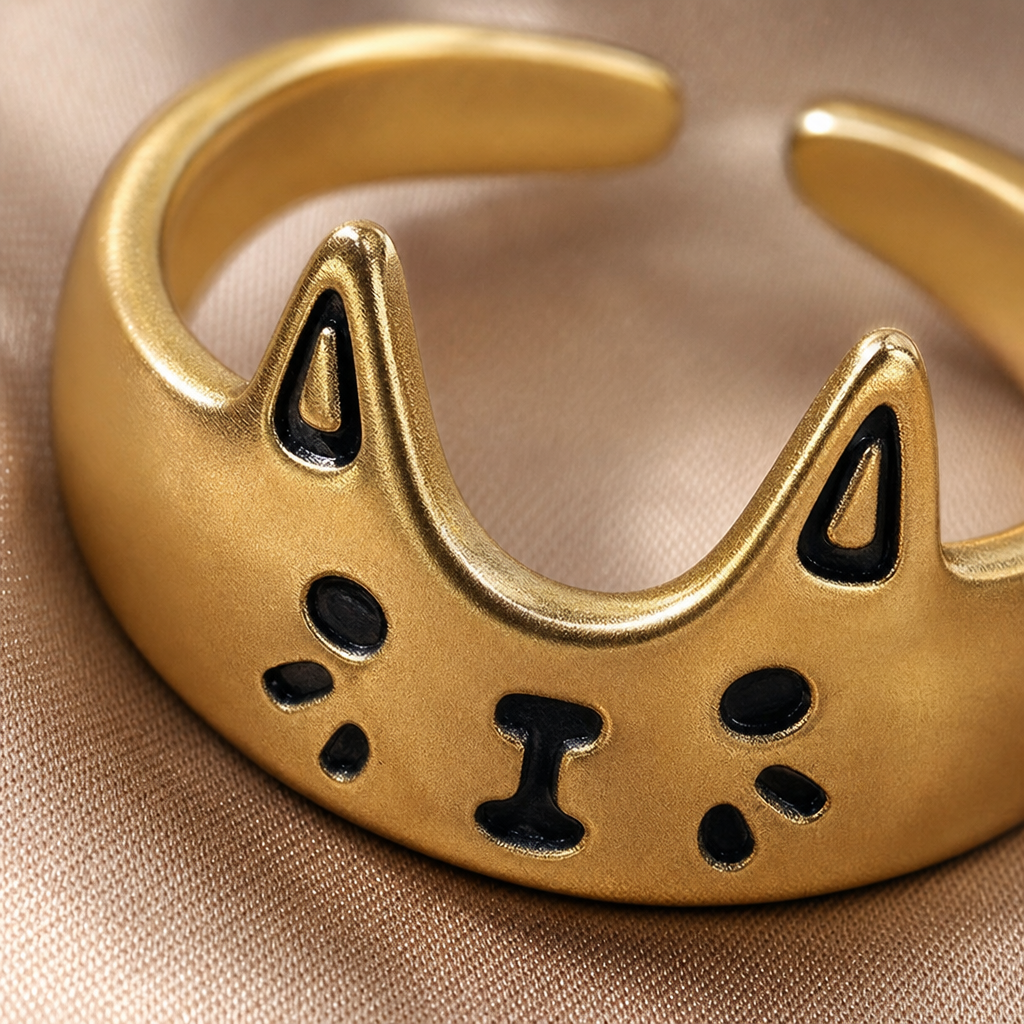 Gros plan sur la bague chat noir vintage