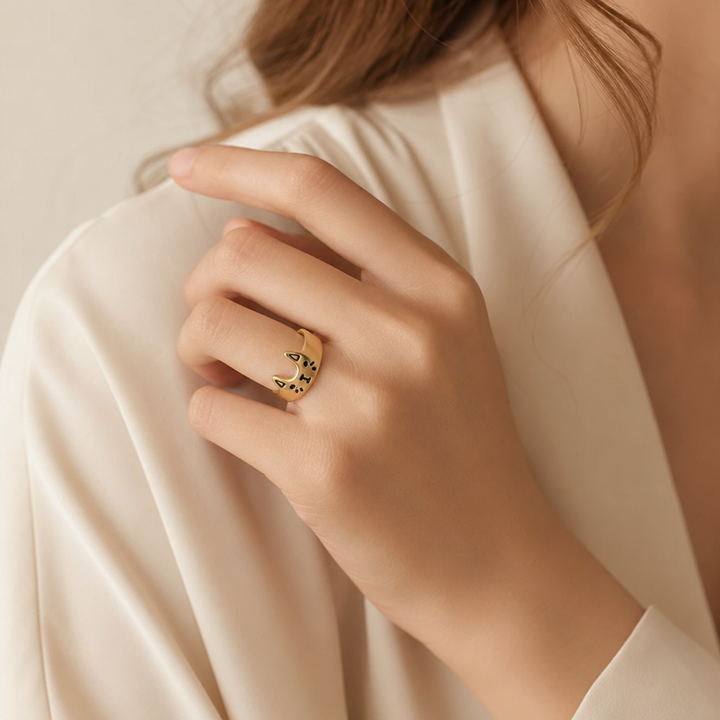 Bague chat noir vintage doree portee