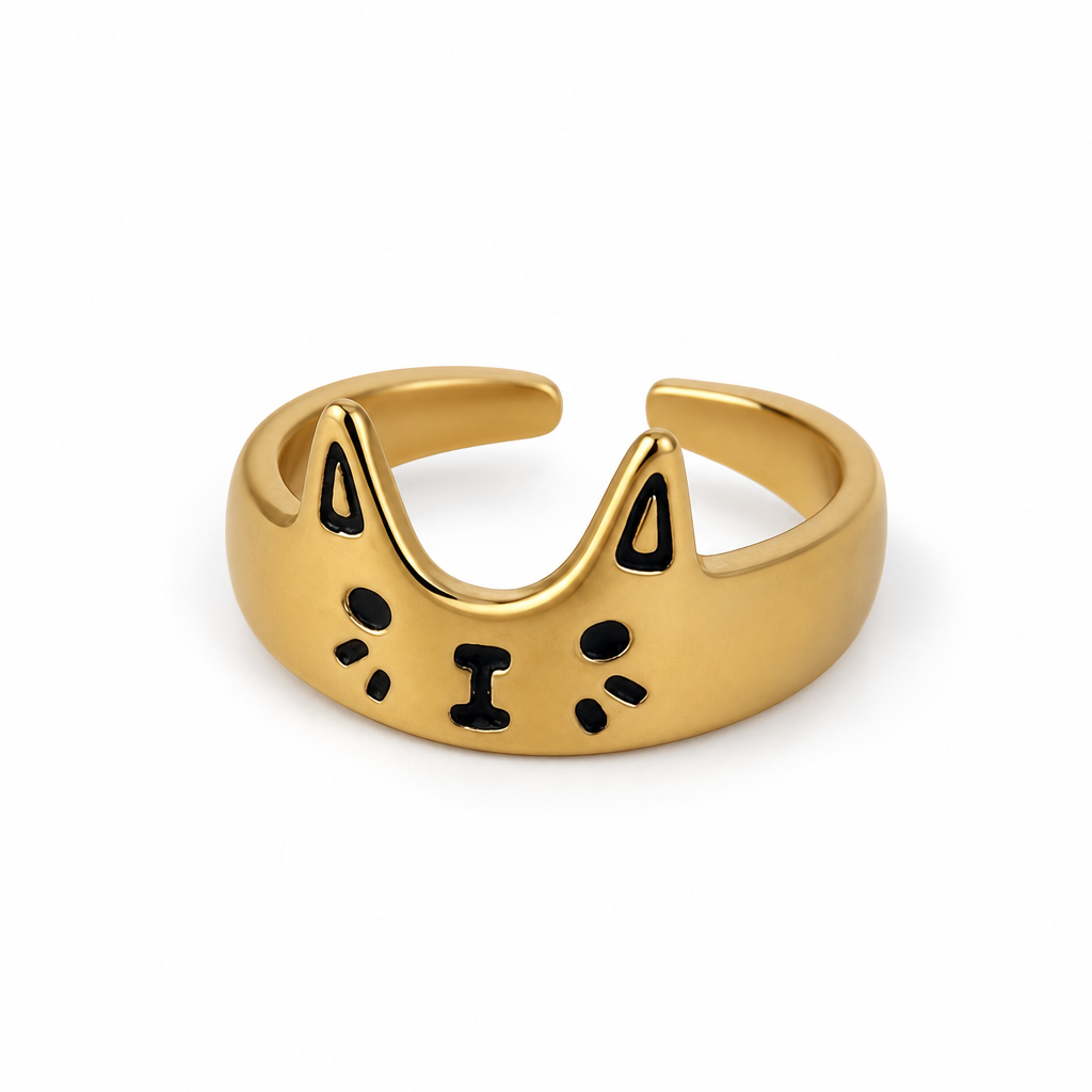 Bague chat noir vintage doree, fond blanc