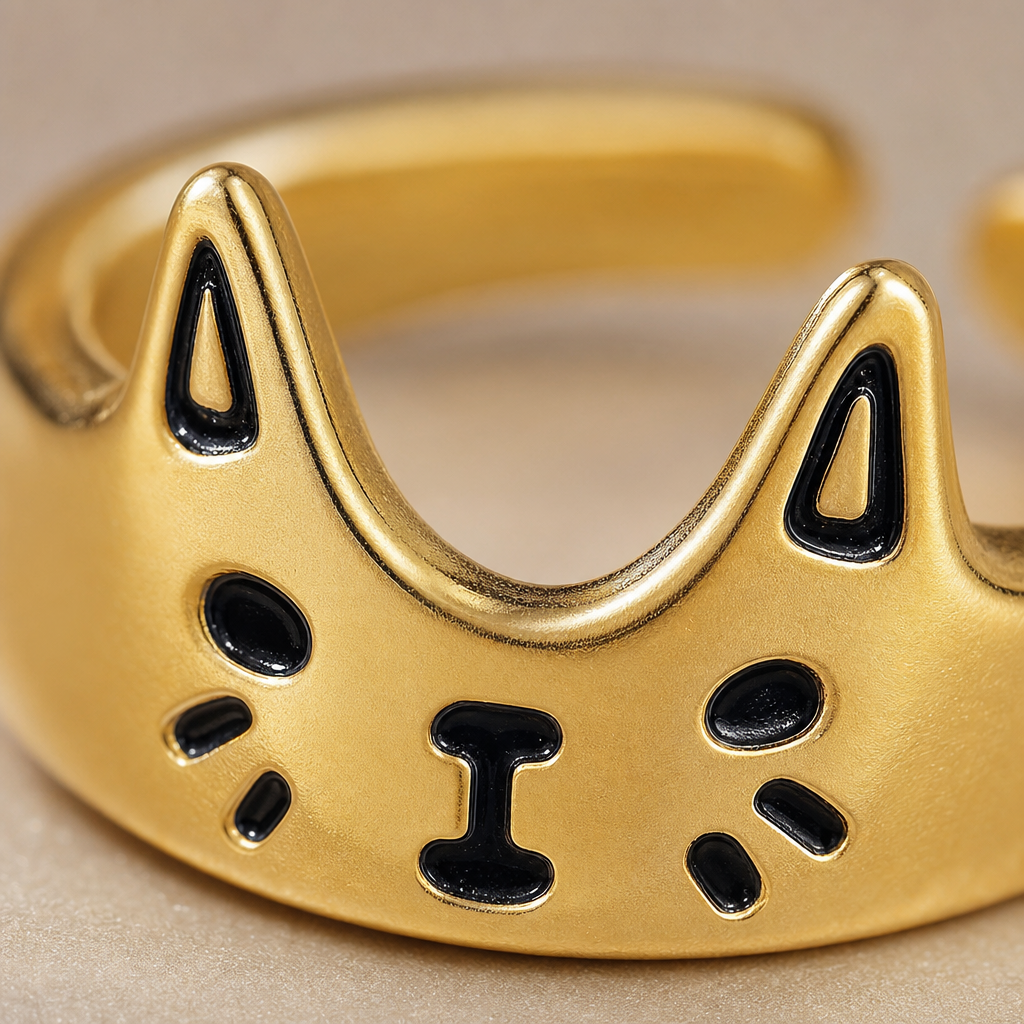 Gros plan macro sur la bague chat noir doree