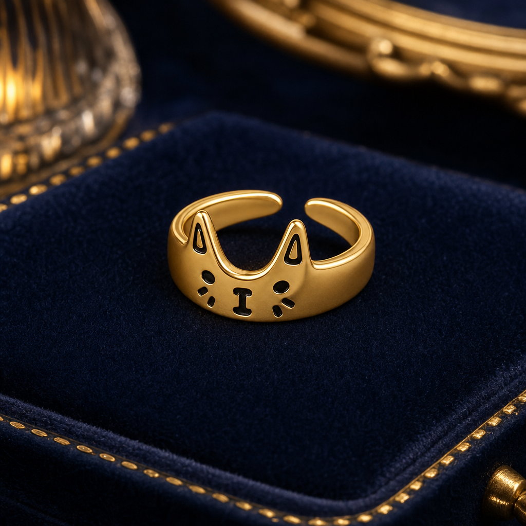 Bague chat noir doree dans un ecrin bleu nuit