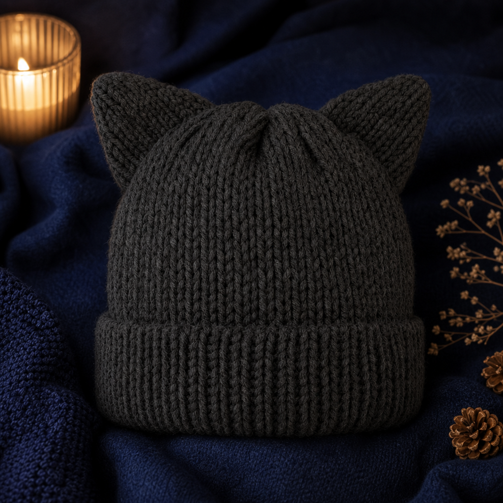 Bonnet chat a oreilles sur fond bleu nuit