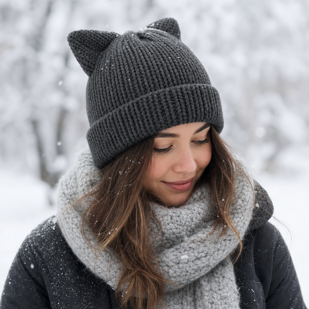 Bonnet chat a oreilles porte en hiver avec echarpe
