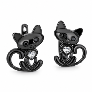 Boucles d oreilles chat noir pierre, fond blanc