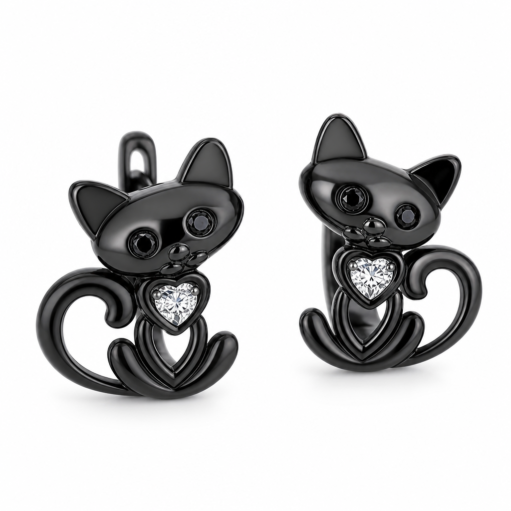 Boucles d oreilles chat noir pierre, fond blanc