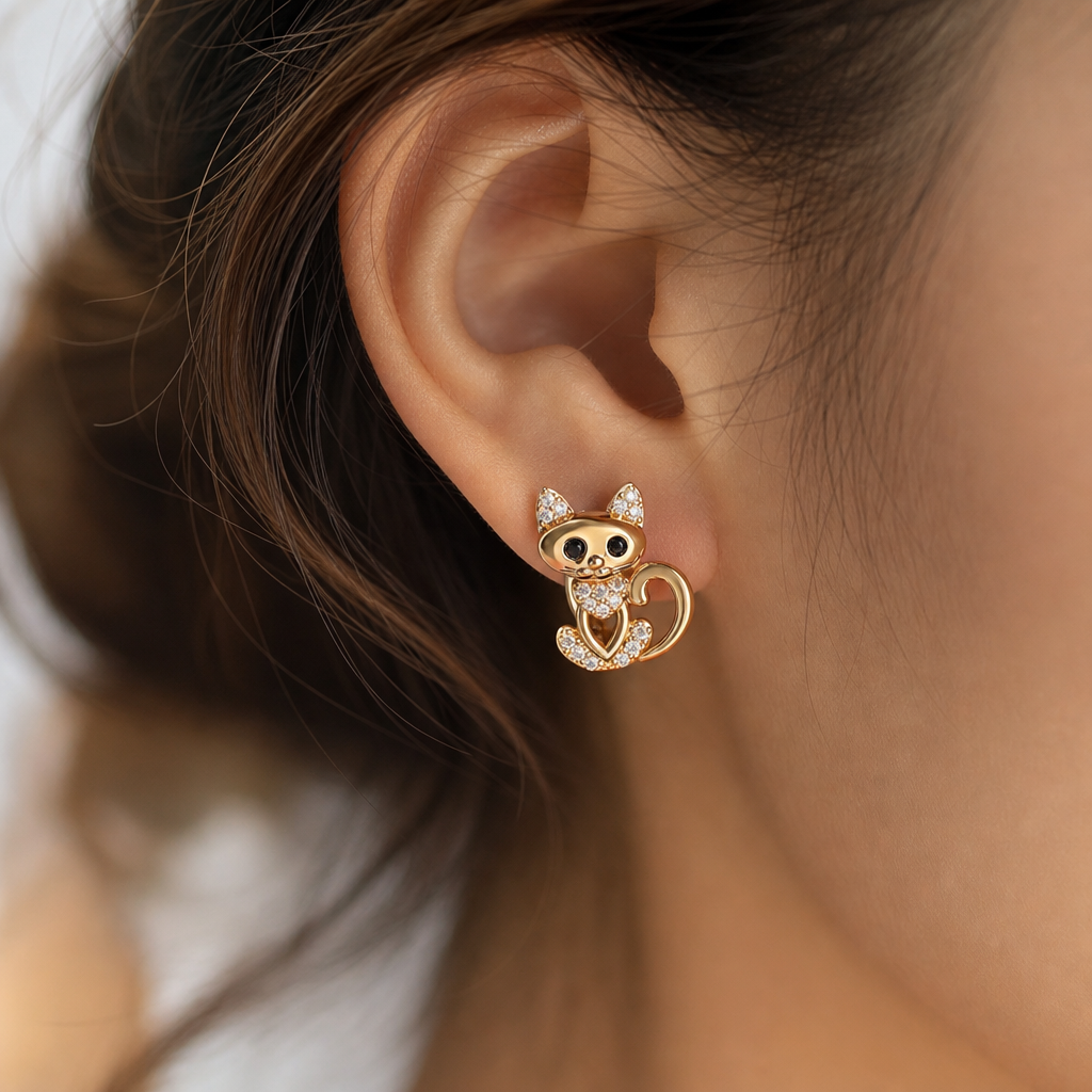 Boucle d oreille chat noir a pierre portee