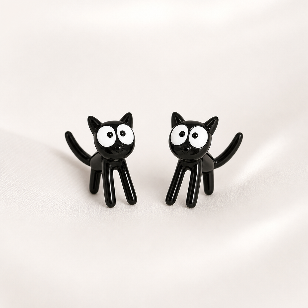 Boucles d oreilles chat noir, paire, fond blanc