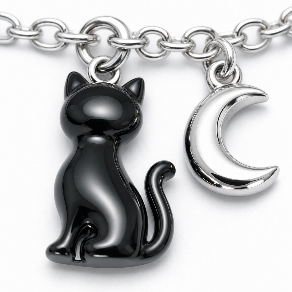 Gros plan sur les breloques chat et lune du bracelet