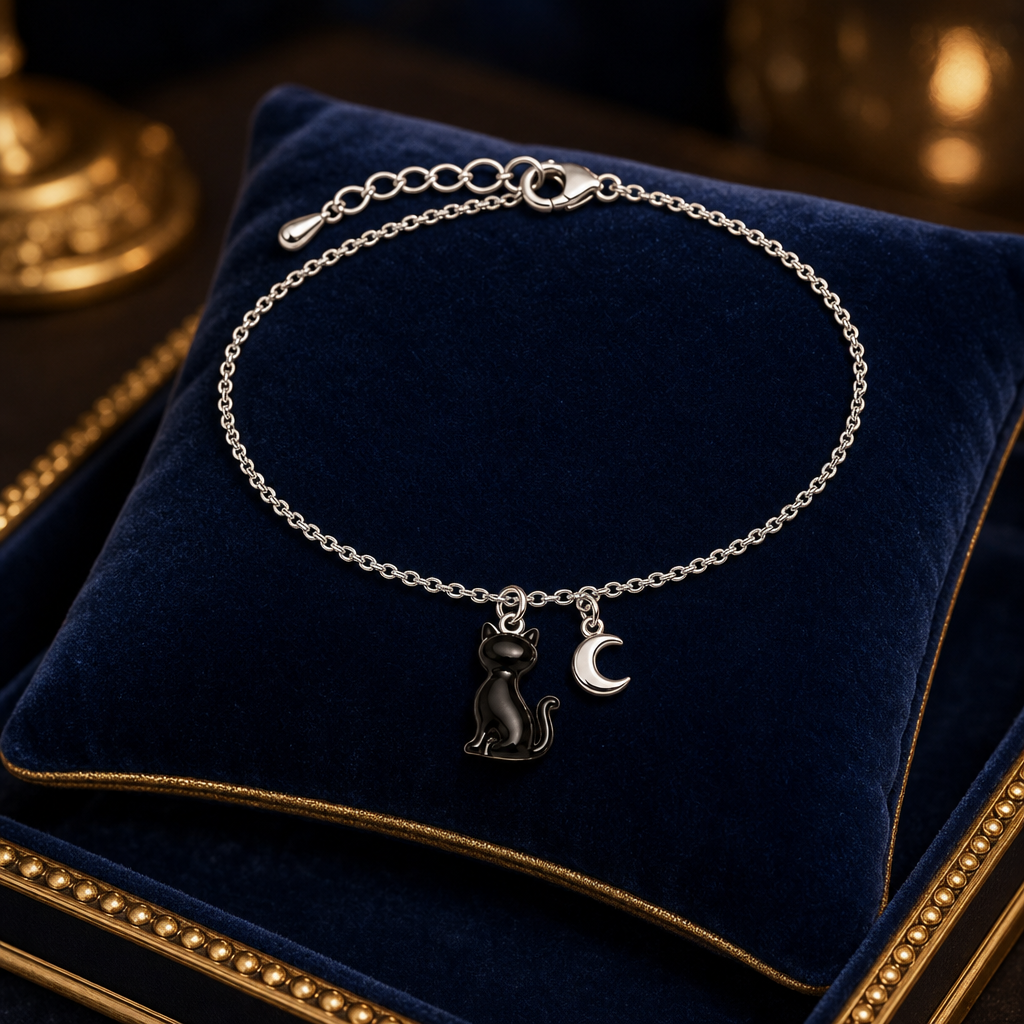 Bracelet chat noir sur un ecrin bleu nuit