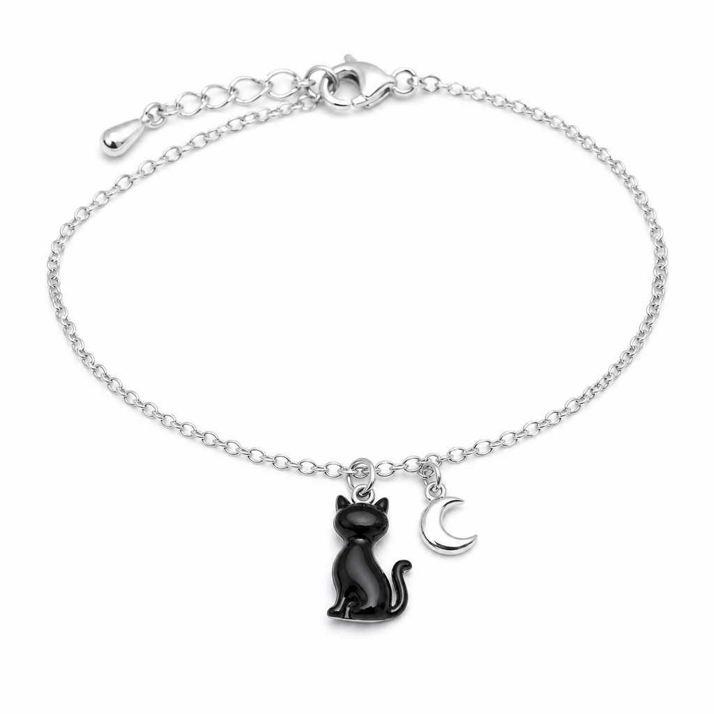 Bracelet chat noir et lune argente, fond blanc