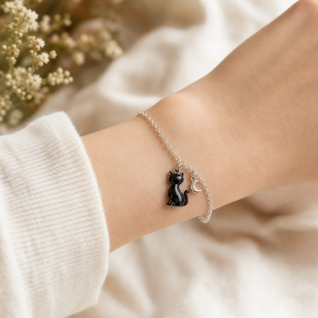Bracelet chat noir porte au poignet