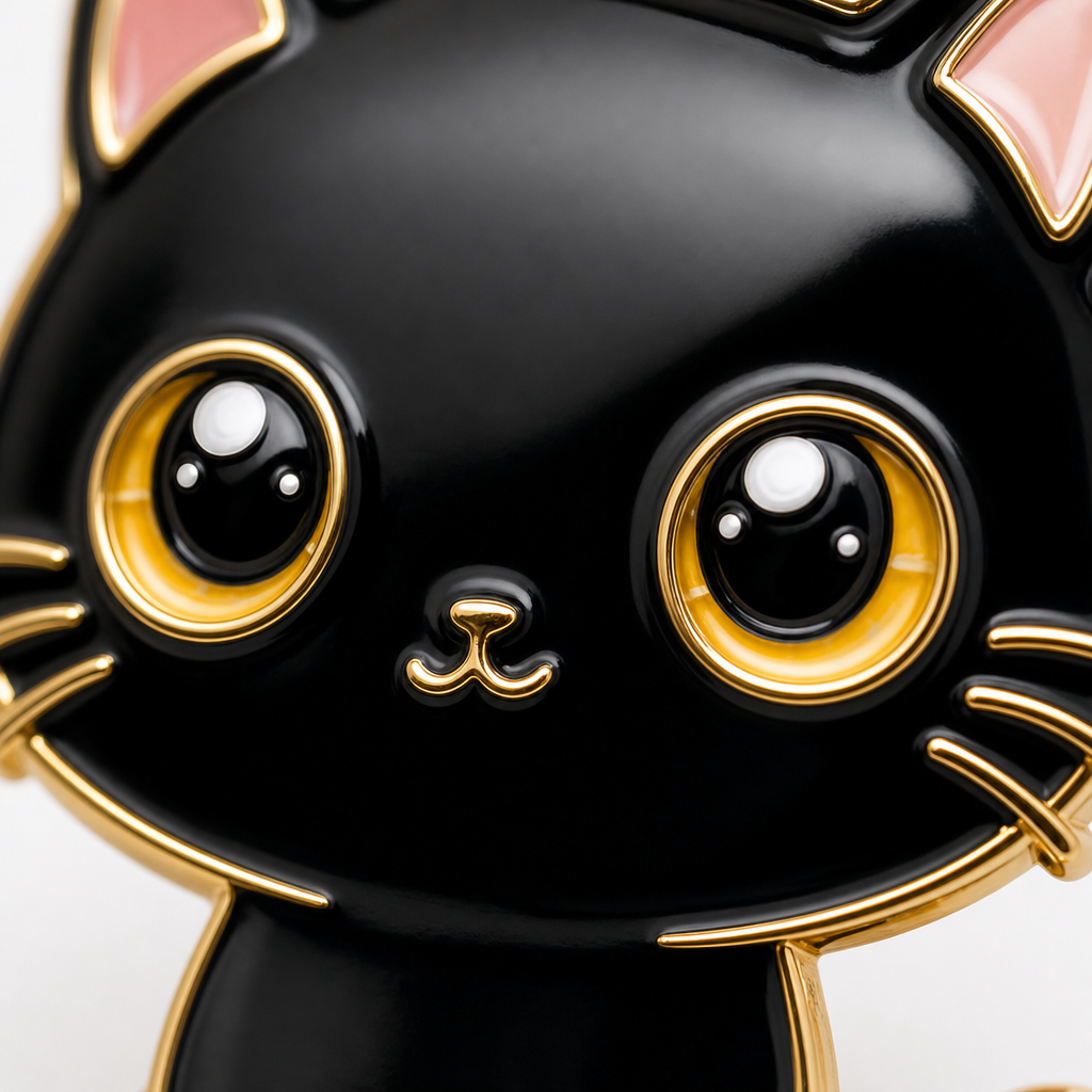 Gros plan sur le pin's chat noir aux yeux dores