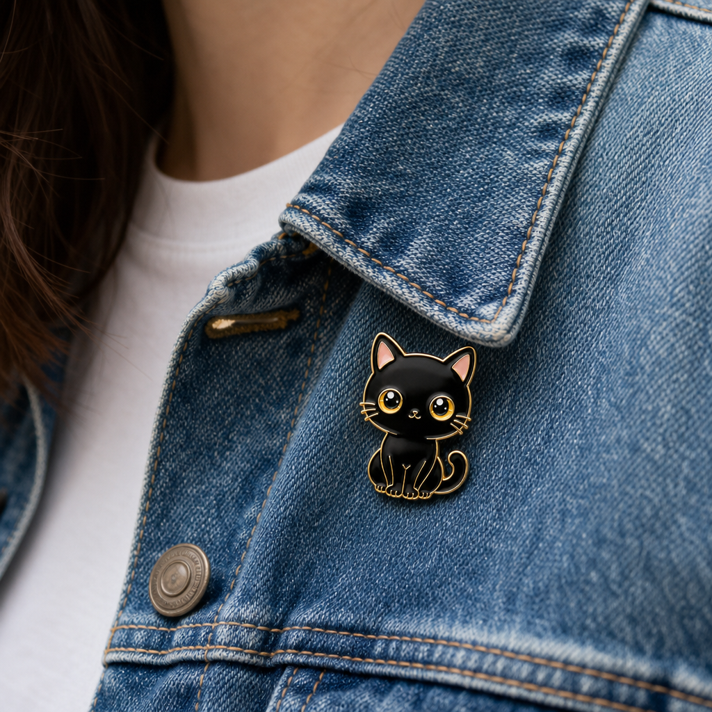 Broche chat noir epinglee sur une veste en jean