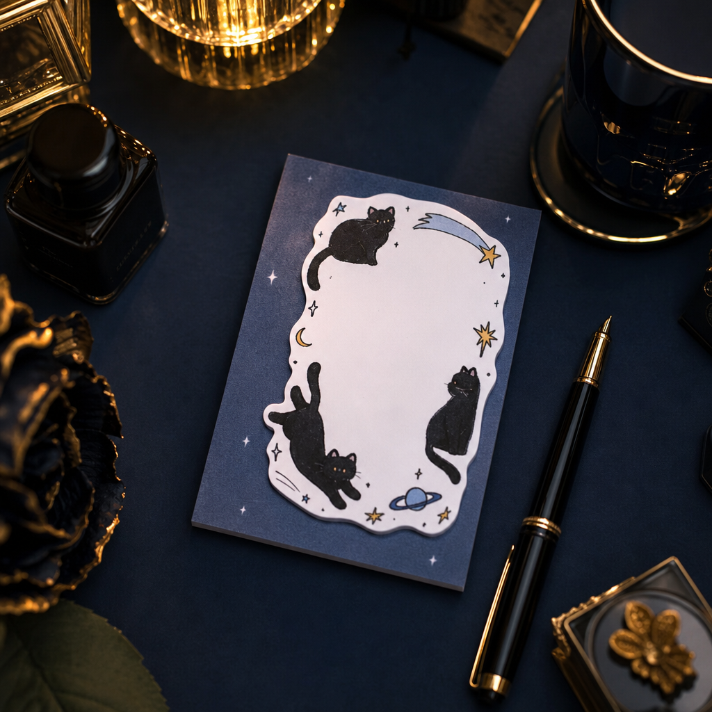 Carnet chat noir sur un bureau bleu nuit