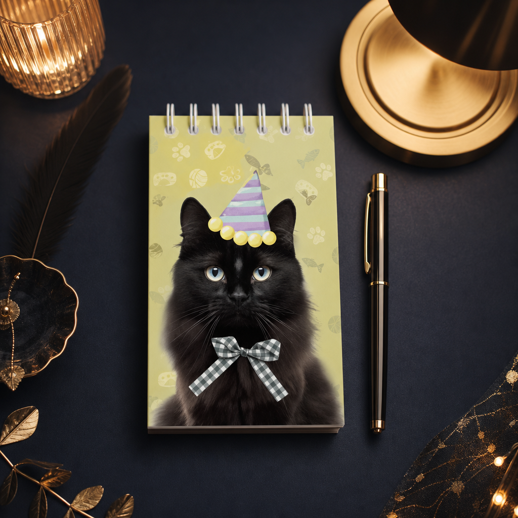 Carnet chat noir illustre sur bureau bleu nuit