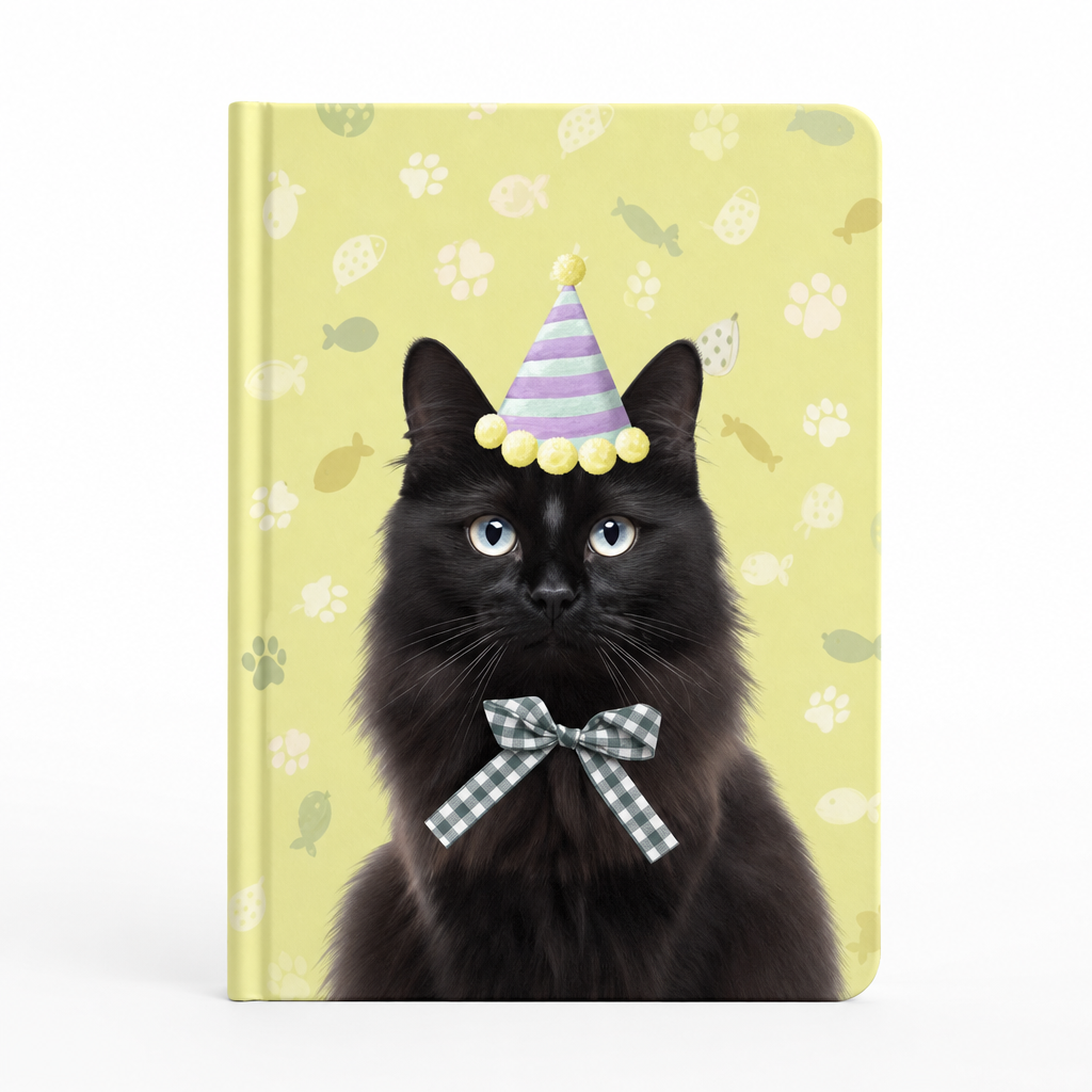 Carnet chat noir illustre, fond blanc