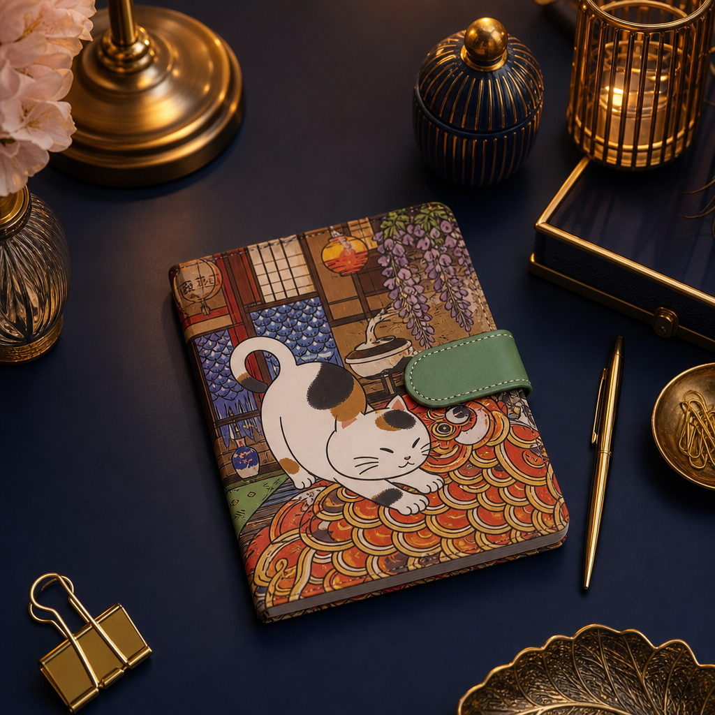 Carnet chat noir kawaii sur un bureau bleu nuit