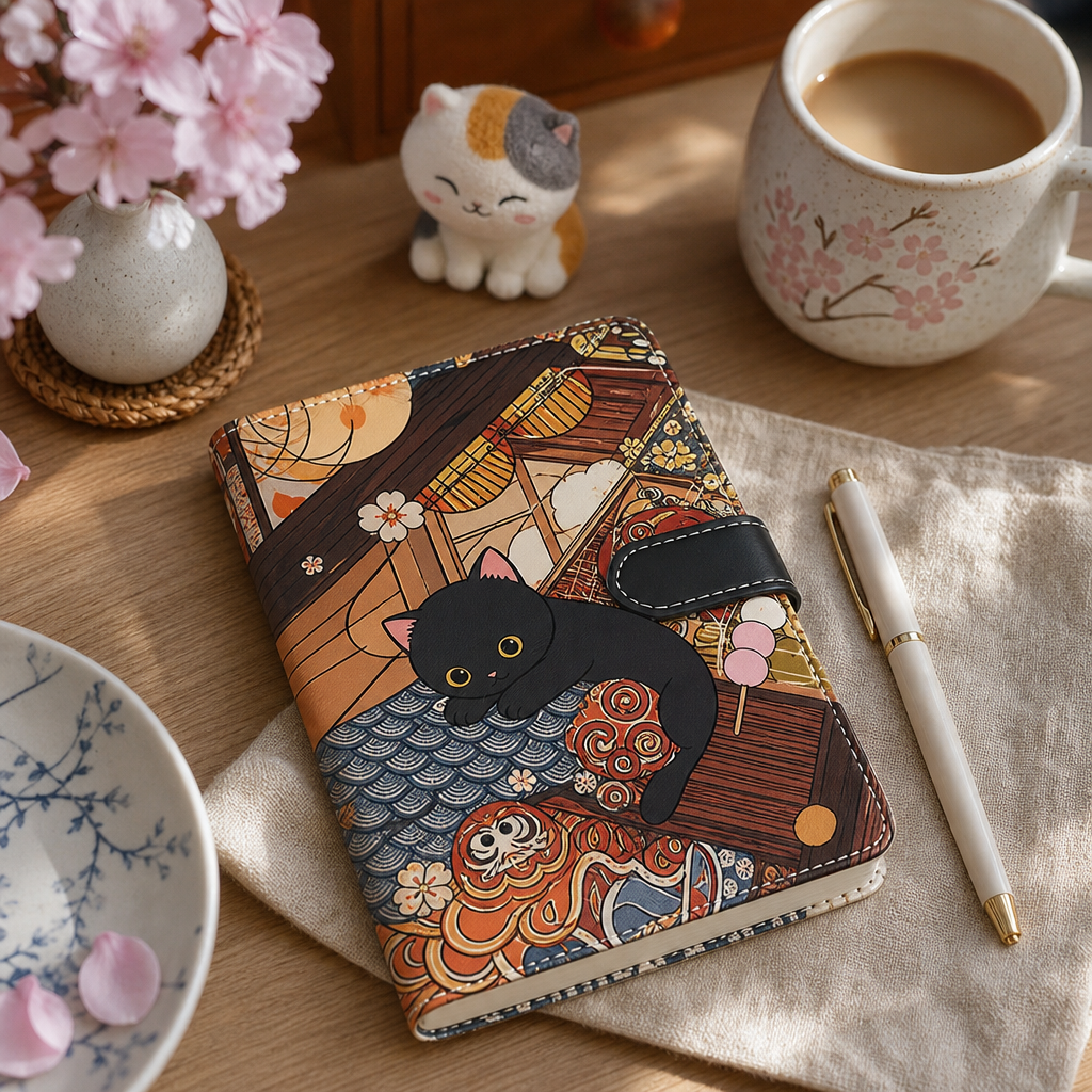 Carnet chat noir kawaii sur un bureau avec un cafe
